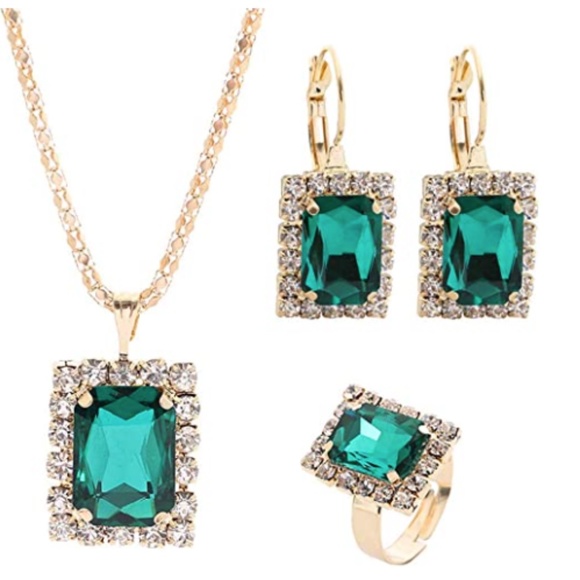 Fashion Jewelry Accessories Green Emerald Cut Fashion Jewelry Set Gold Tone Poshmark